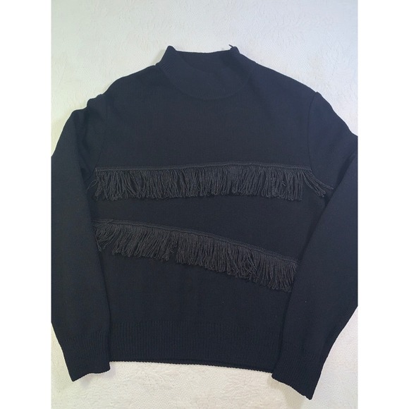 St. John Sweaters - St John Collection Marie Gray Black Fringe Mock Neck Knit Sweater Small